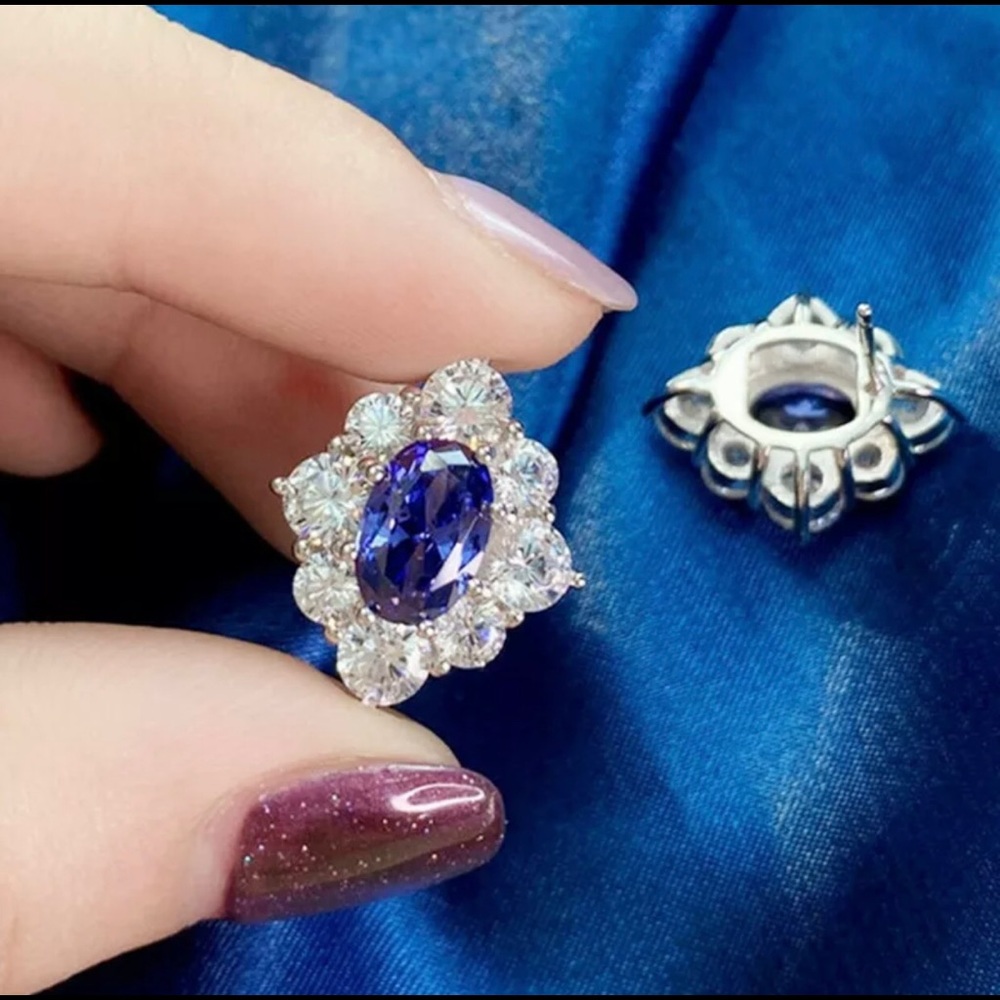 Blue Sapphire Diamond Cubic Zirconia Silver Stud Earrings - Picture 3 of 7